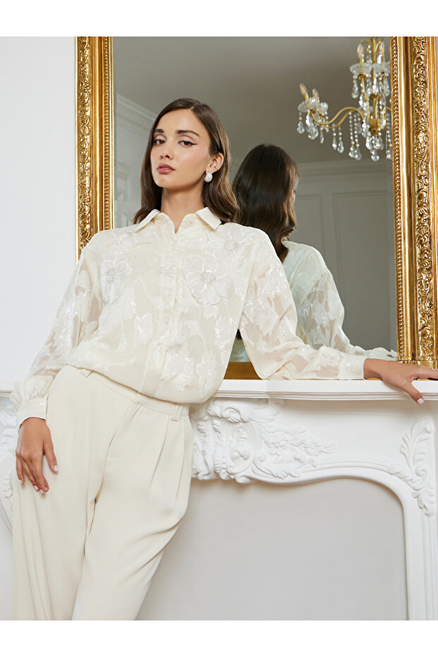 Women Floral Jacquard Sheer Shirt