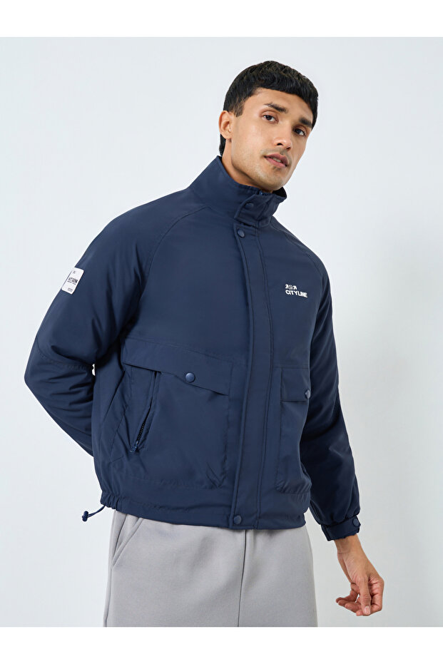 Men Navy Solid Zip-Up Regular Jacket - 4