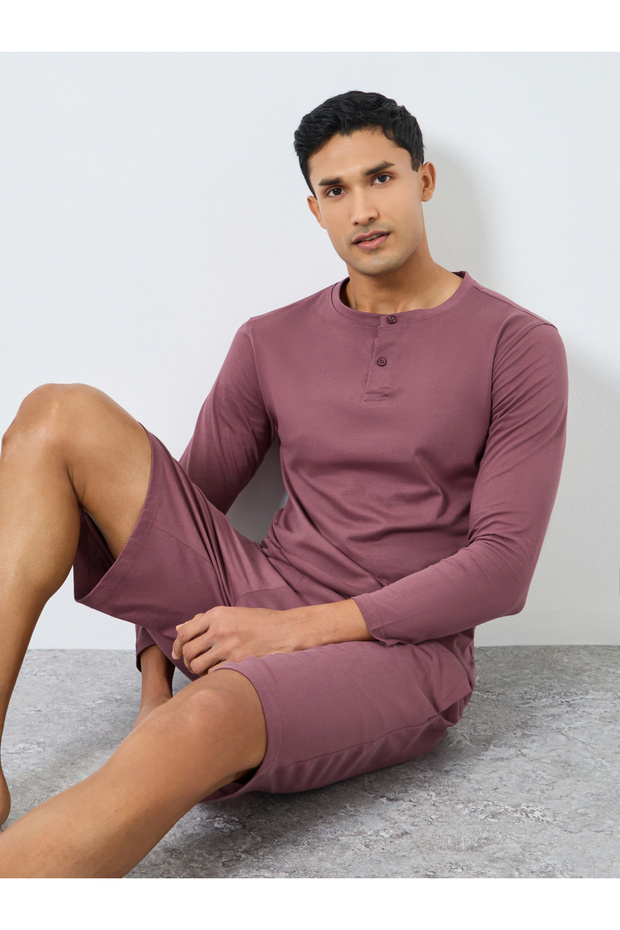 Men Purple Long Sleeve T-Shirt and Shorts Pyjama Set