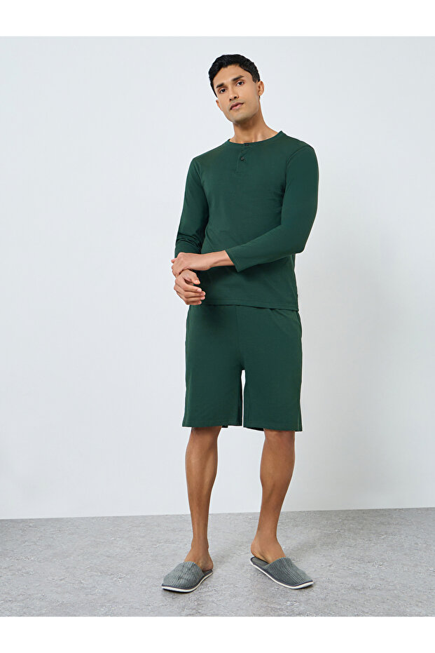 Men Green Long Sleeve T-Shirt and Shorts Pyjama Set