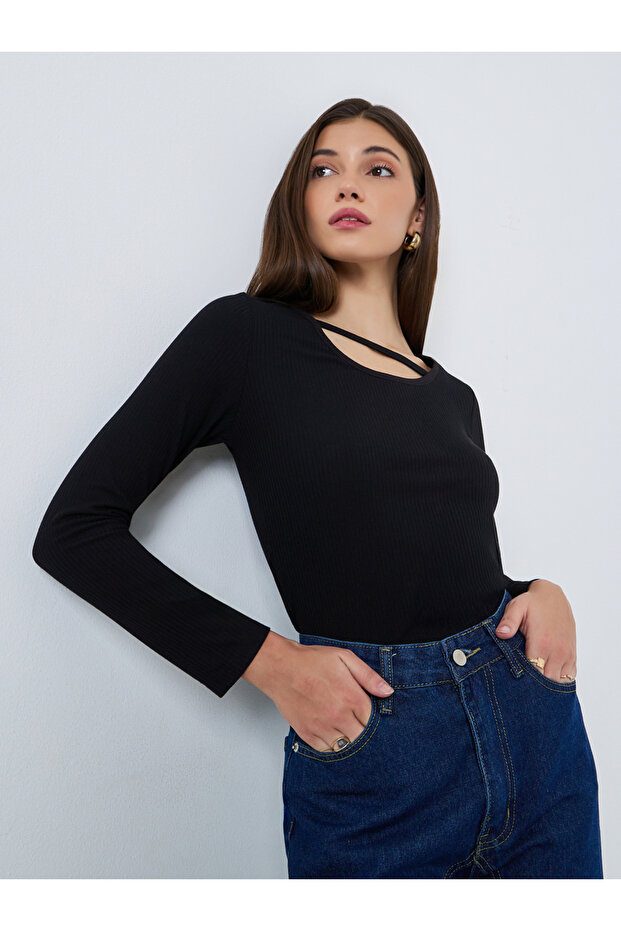 Women Black Long Sleeve Cutout Knit Top