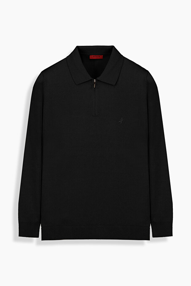 İNTERVİEW Polo Yaka Fermuarlı Siyah Triko - 1