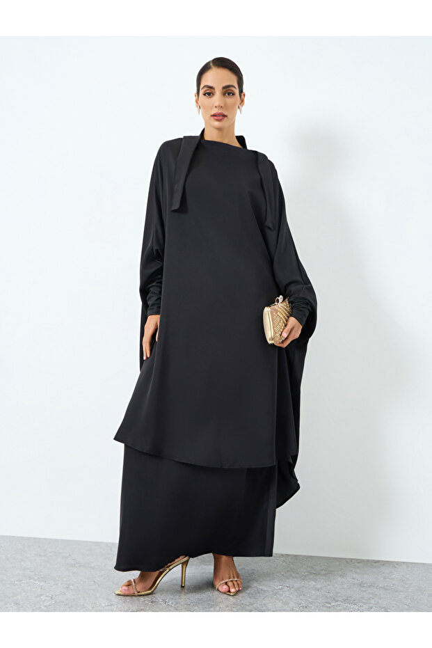 Women Black Batwing Sleeve Abaya and Skirt Set