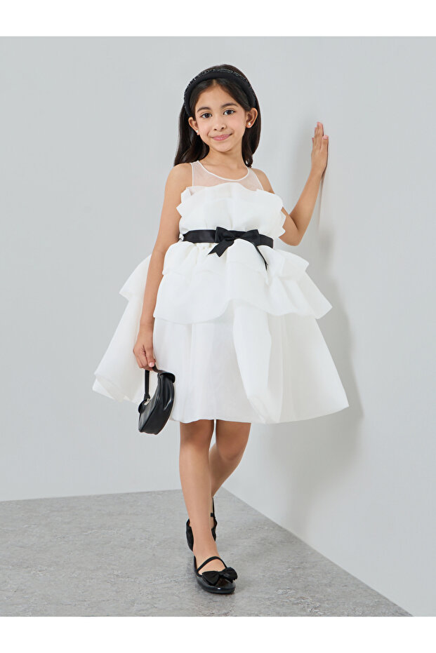 Girls White Bow Detail Ruffled Layered Dress