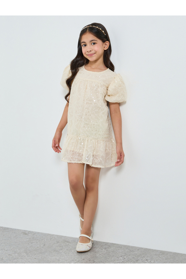 Girls Off-White Sequin A-Line Mini Dress