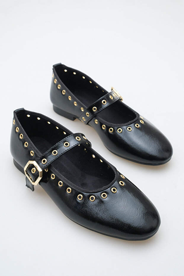Women's Single Strap Studded Casual Ballerinas Black Patent Leather