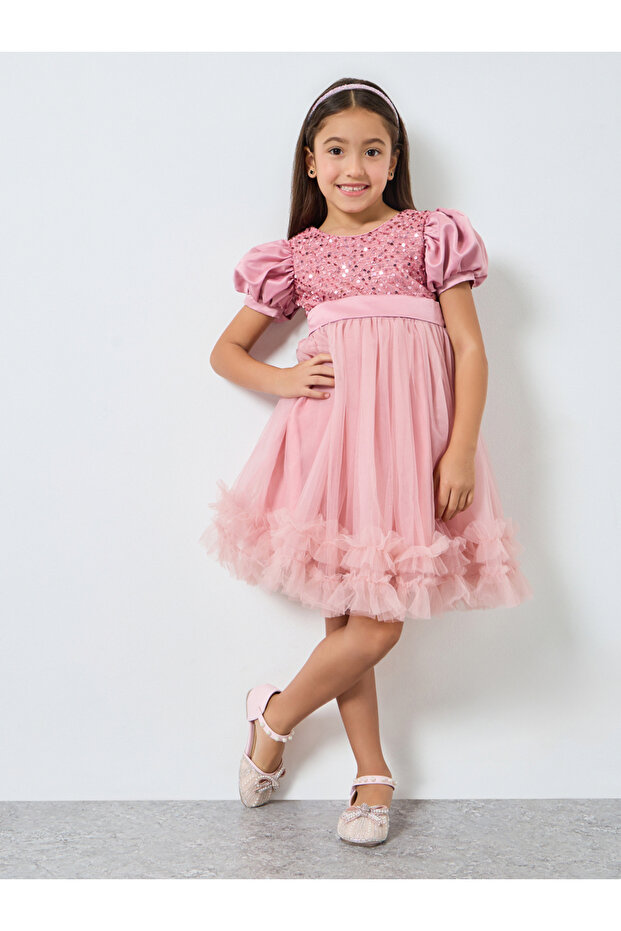 Girls Pink Sequin Puff Sleeve Ruffles Hem Dress