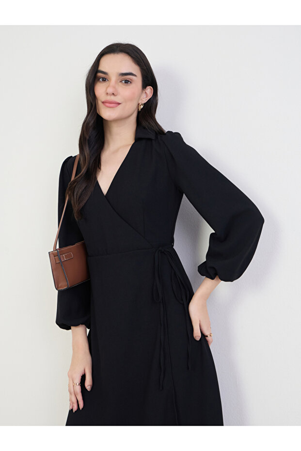 Women Black Balloon Sleeve Wrap Midi Dress