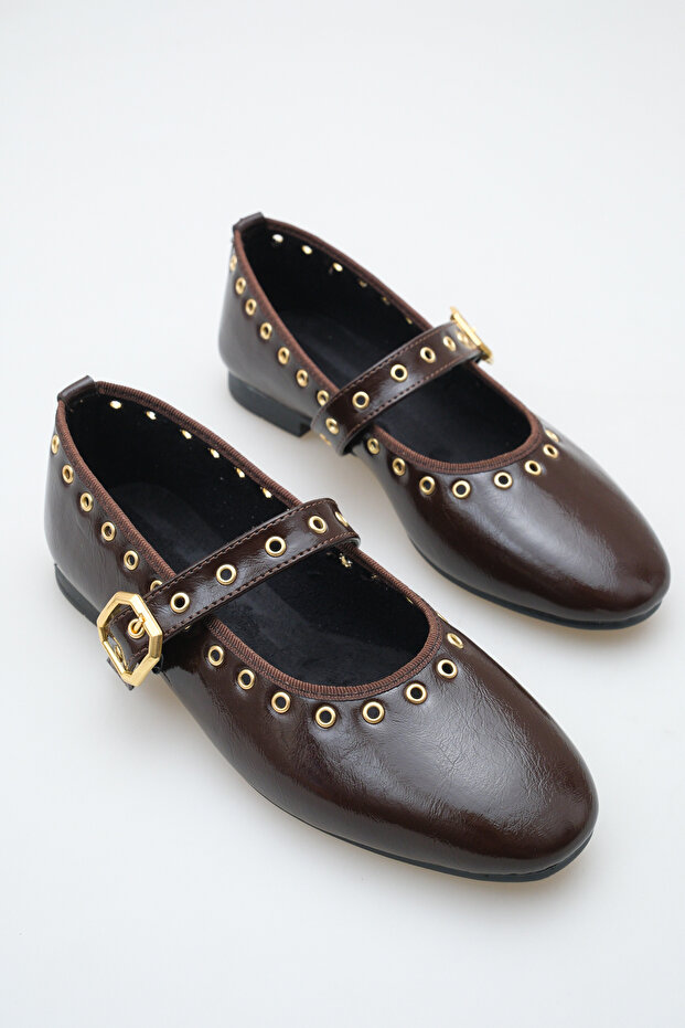 Women's Single Strap Studded Casual Ballerinas Bitter Brown Patent Leather