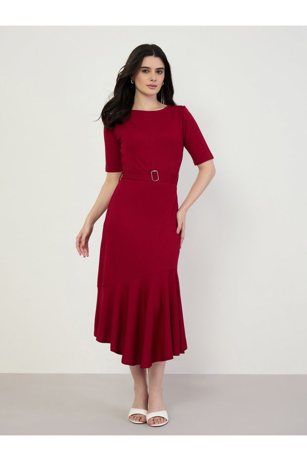 Women Burgundy Mermaid Hem Midi Dress