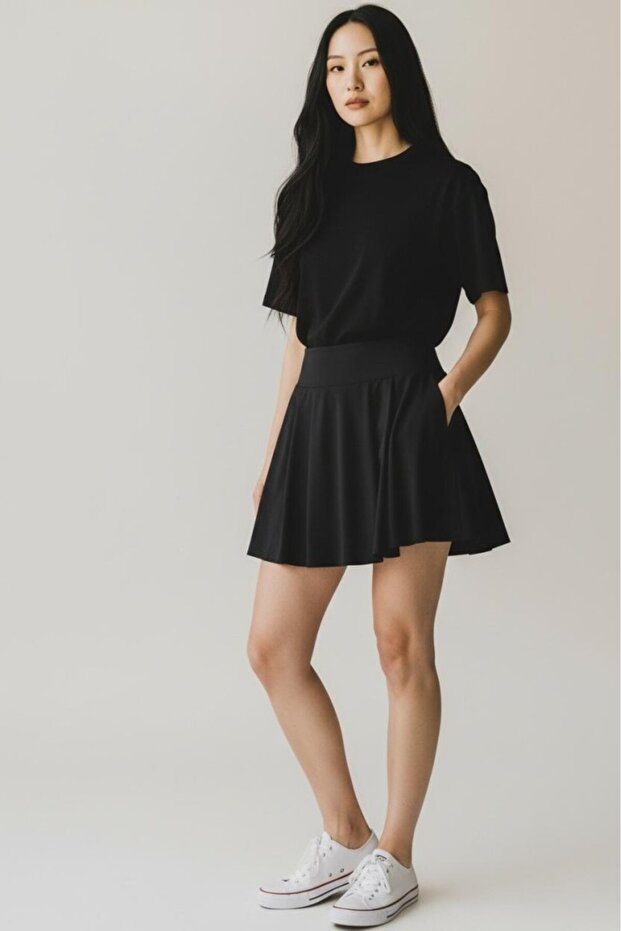 1524005 Kadın Siyah Şort Etek - 1