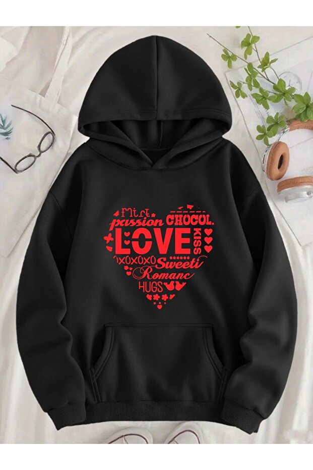 Unisex Love Valentine's Day Printed Hooded Kangaroo Pocket Comfortable Fit Oversized Cut Sweatshirt