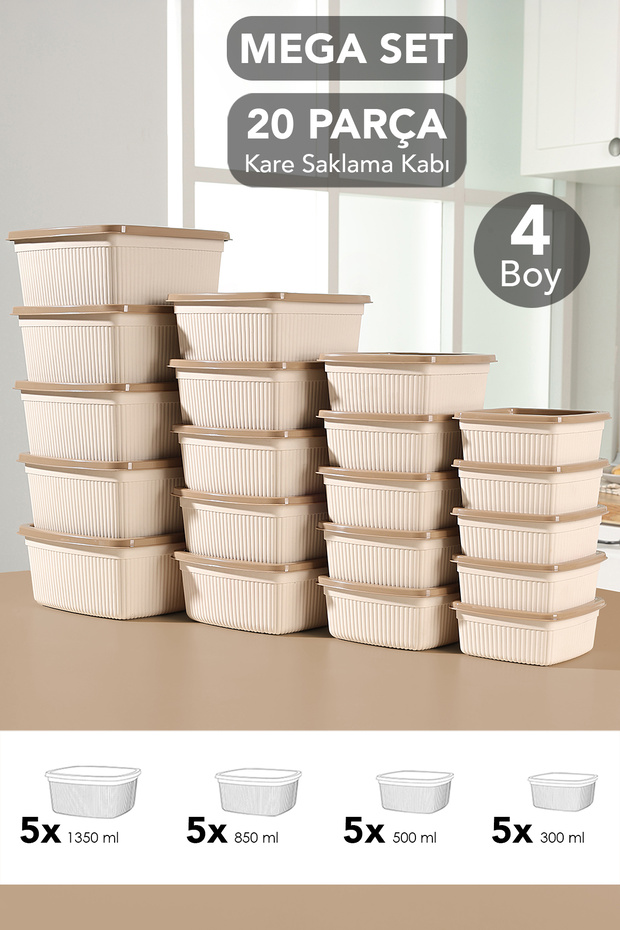 20-Piece Striped Square Storage Container Set - Microwave Safe Food Container 1.35L 0.85L 0.5L 0.3L Beige