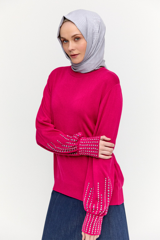 Taş Detaylı Triko Bluz - 3