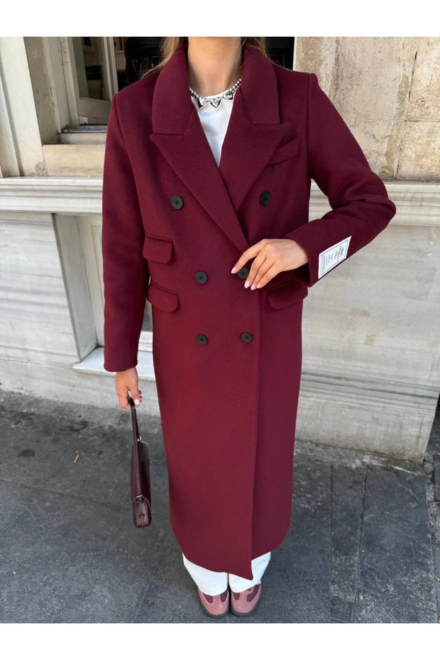 Burgundy Embroidered Cashmere Coat - 407010