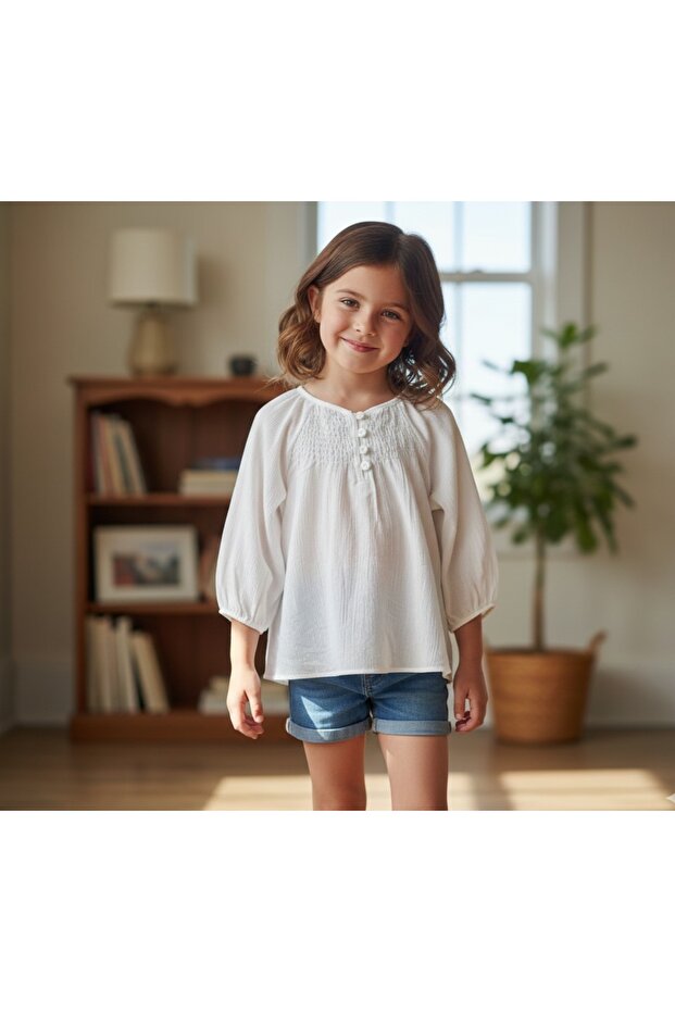 Girl's Button Detailed Wrinkled Blouse