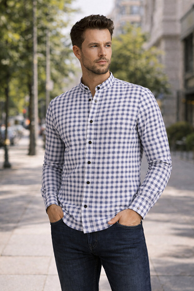 Men's Slim Fit Slim Fit Long Sleeve Lycra Square Patterned Snap Fastener Men's Shirt