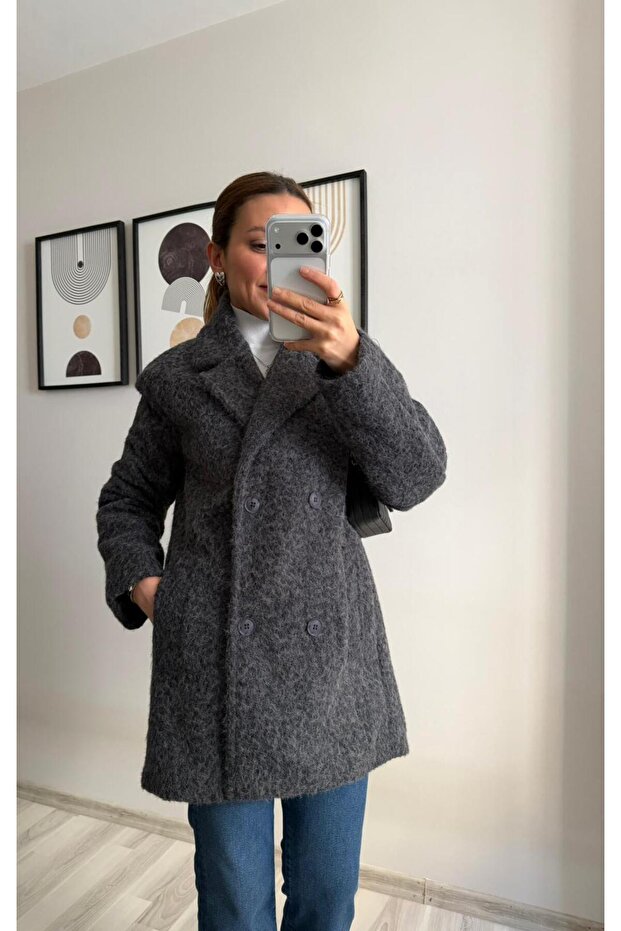 Four Button Anthracite Jacket - Oversized - Curly Plush - 8