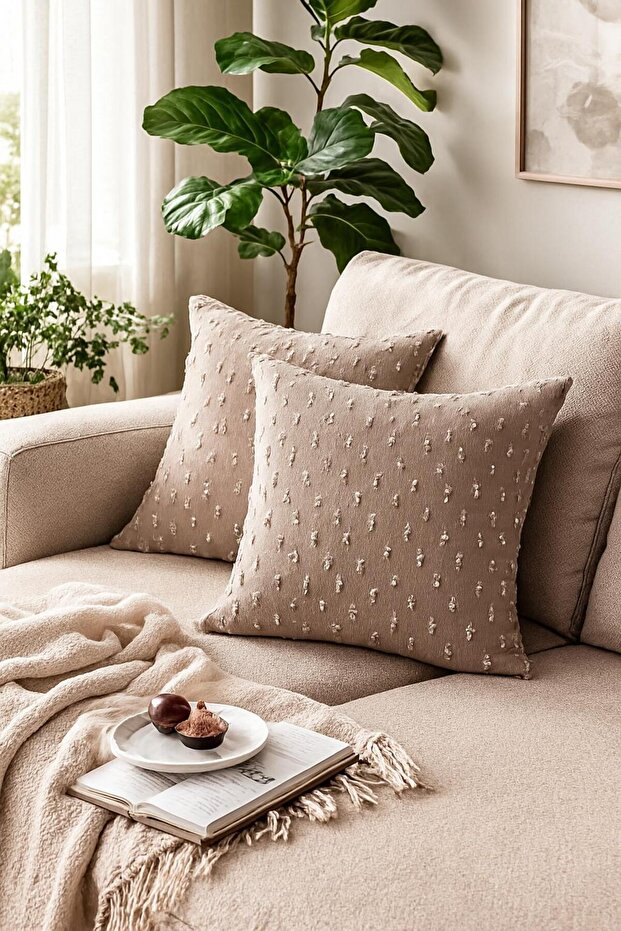 Minimal Pompom Patterned Linen Textured Brown Throw Pillow Cover Double 43X43