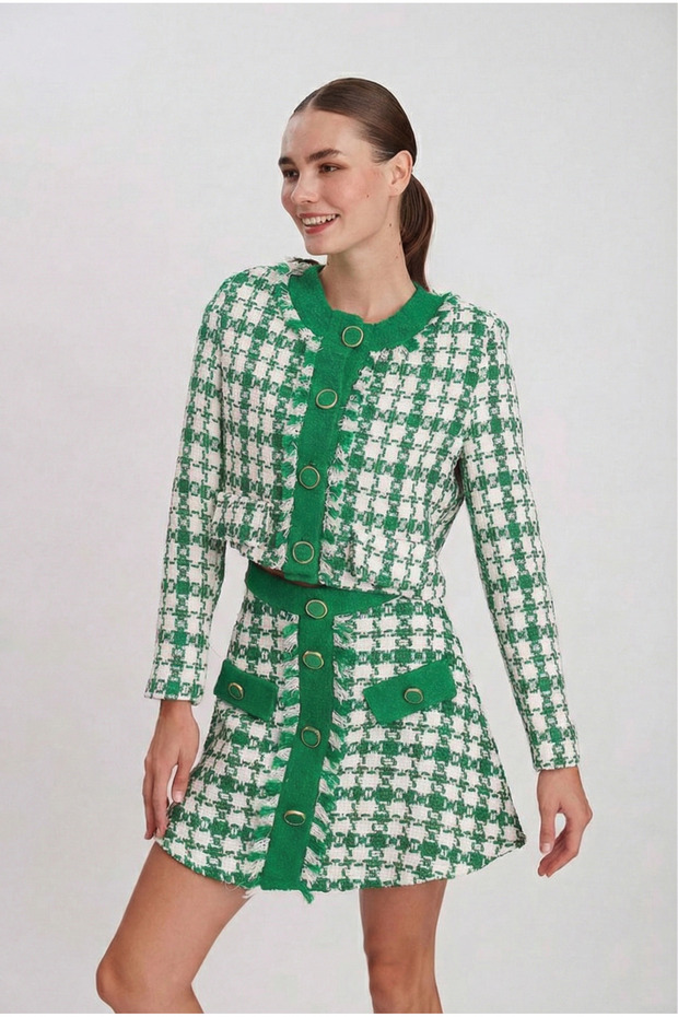 Women's Green Flap Pocket Button Detail Jacket-Skirt Set Per9328