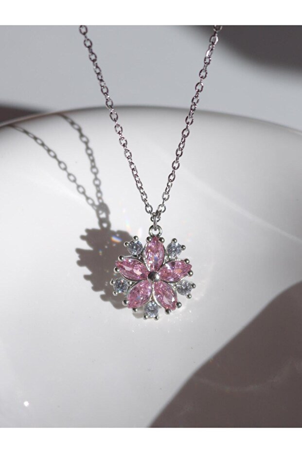 Zircon Stone Pink - White Dahlia Star Flower Necklace