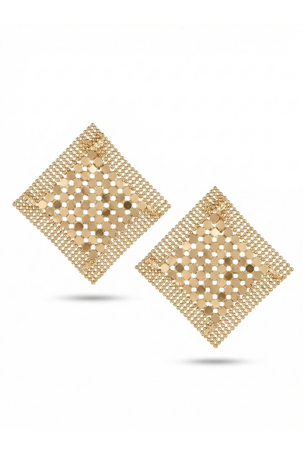 Gold Color Mesh Detailed Geometric Women's Earrings | Special Boxed