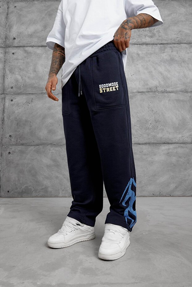 Men's Sweatpants Goodmode Street Alti Navy Blue Oversize Baggy Loose Fit 3 Yarns Without Drawstrings