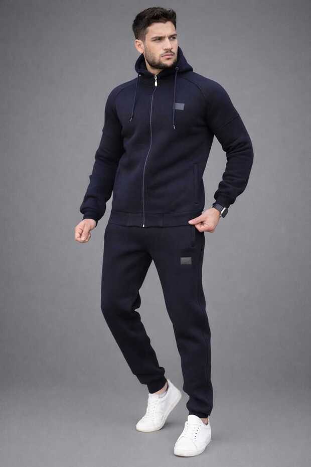 Navy Men's Hooded Fleece-Lined Tracksuit Set