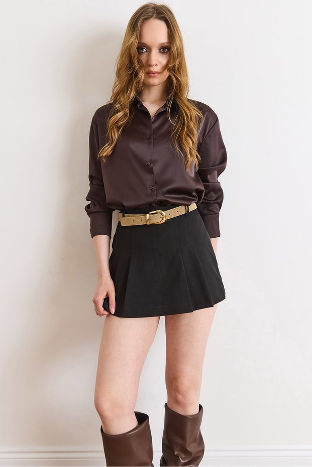 Women's Black Belted Zippered Shorts Pleated Skirt Etk-19000392