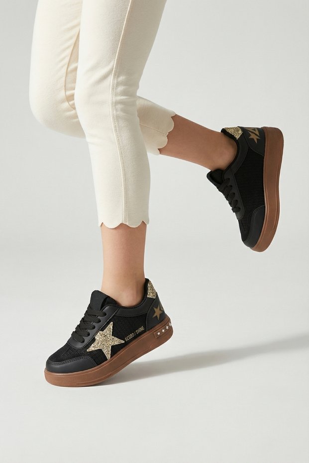 Girls' Sneakers with Glittery Star Detail, Lace-Up, Non-Slip Stretchy Sole