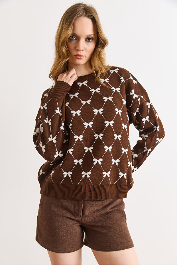Women's Brown Bowknot Diamond Pattern Knit Sweater Kzk-19001123