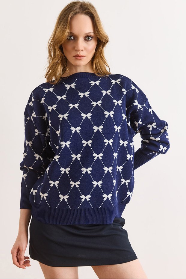 Women's Navy Blue Fiyok Baklava Patterned Knitwear Sweater Kzk-19001123