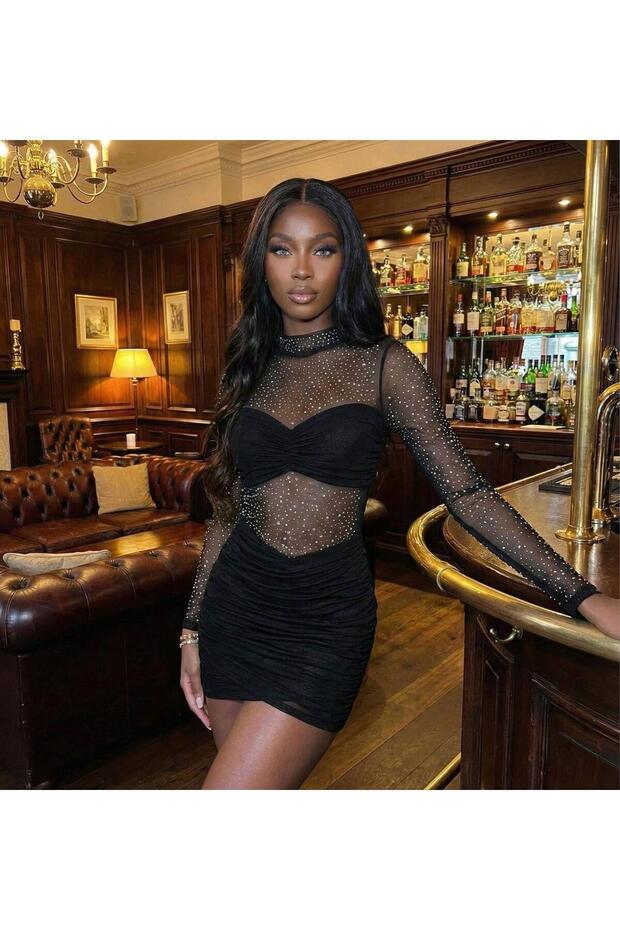 Taş Baskılı Mini Elbise - 3