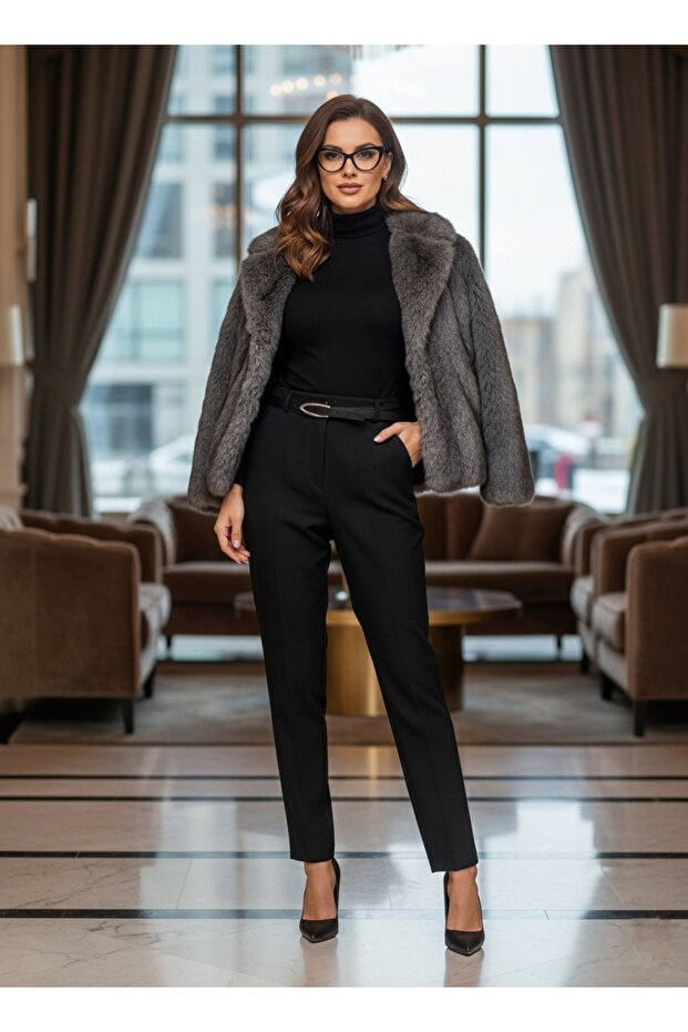 Belted Women's Skinny Leg Fabric Trousers