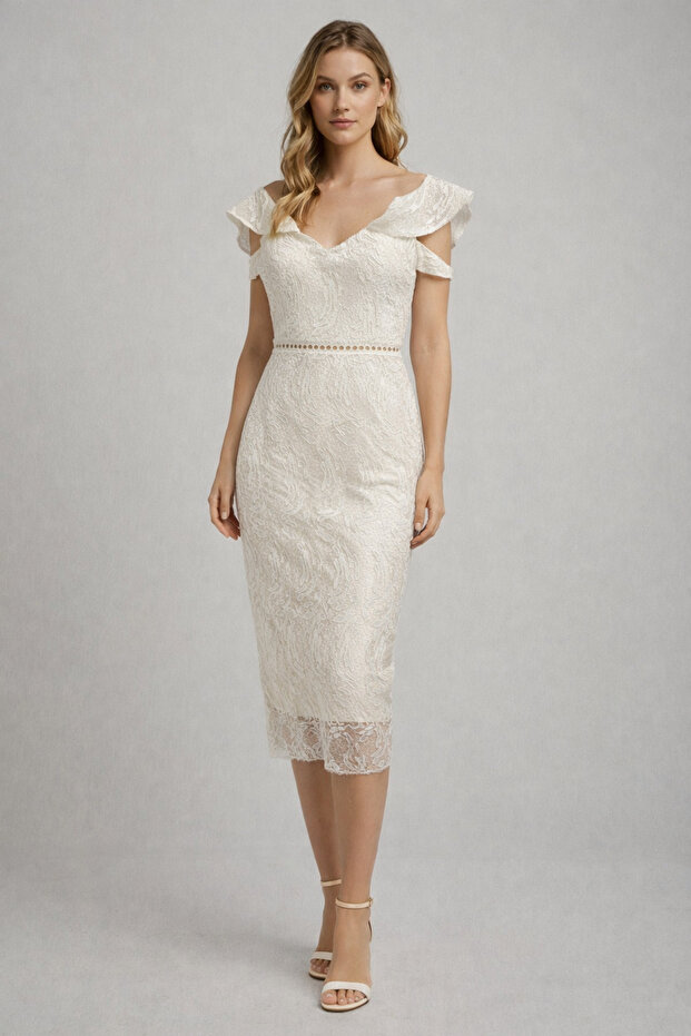 Waist Detailed Thin Strap Guipure Wedding Dress (Order 1 Size up)