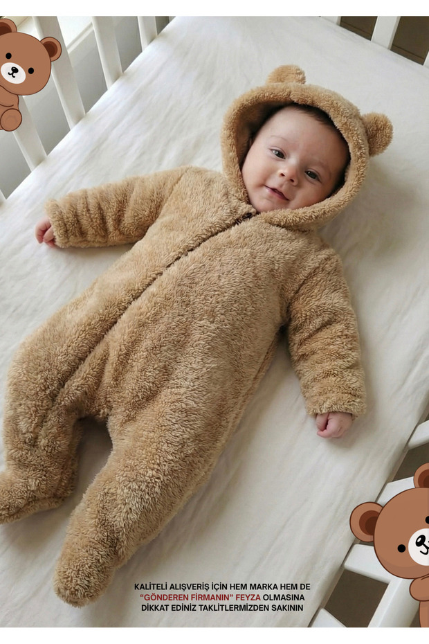 Feyza Premium Wellsoft Unisex Peluş Bebek Ayıcık Patikli Tulum