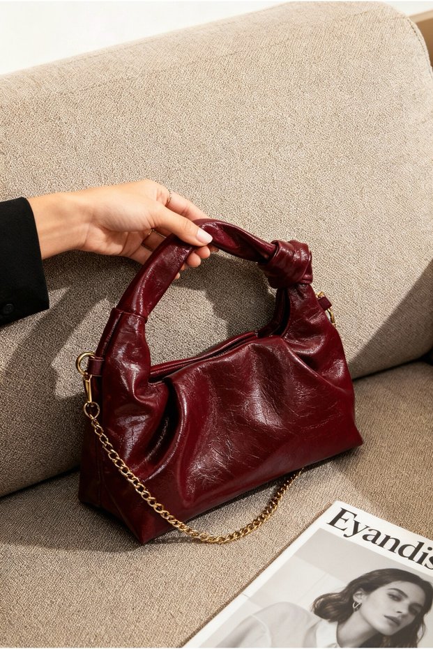 Shine Series Knot Detailed Burgundy Baguette Chain Strap Evening Dress-Casual Hand and Shoulder Bag