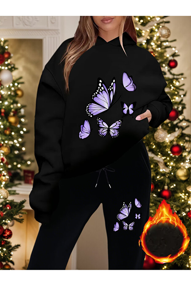 Women's Butterfly Printed Hooded Tracksuit Set - Hooded Sweatshirt Bottom Top Set