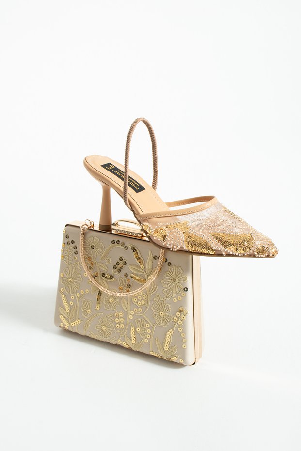 PERIE Beige Women's 7 cm Heeled Sequin Evening Shoe and Bag Matching Set