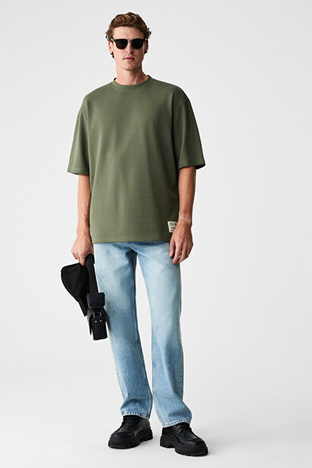 Joel Men's 100% Organic Cotton Thick Fabric Special Textured Label Detailed Oversized Khaki T-Shirt