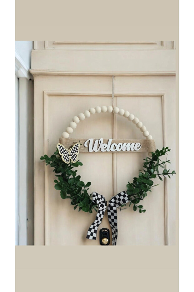 Welcome ahşap boncuklu kapı süsü okaliptus damalı kurdele kelebek modeli kapı süsü - 3