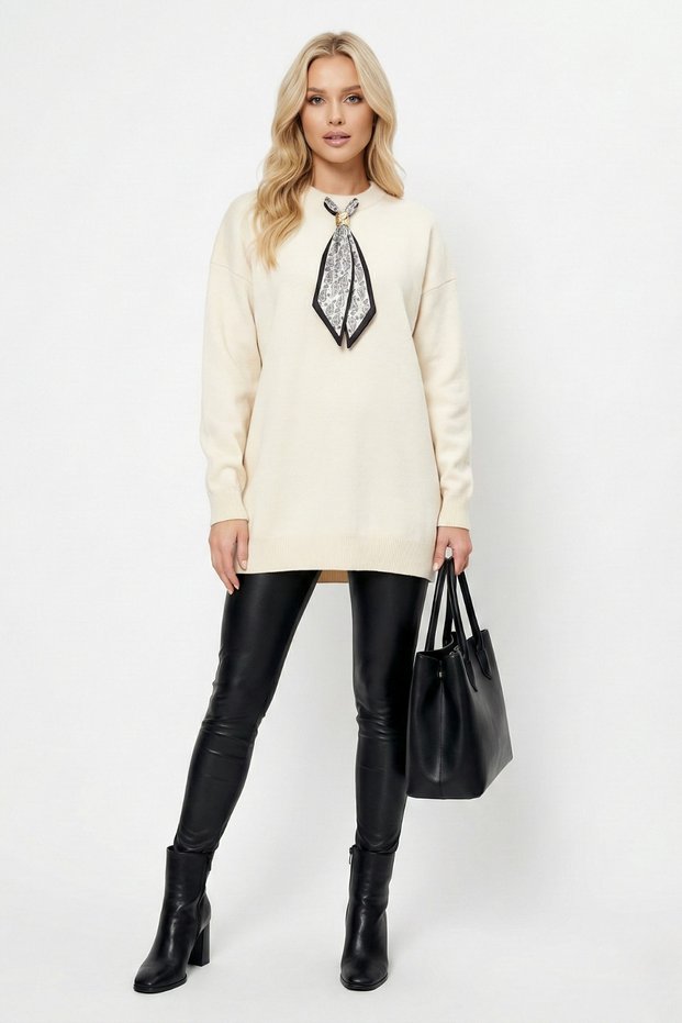 Women's Scarf Detailed Knitwear Sweater Crew Neck Long Sleeve Stylish Casual Sweater