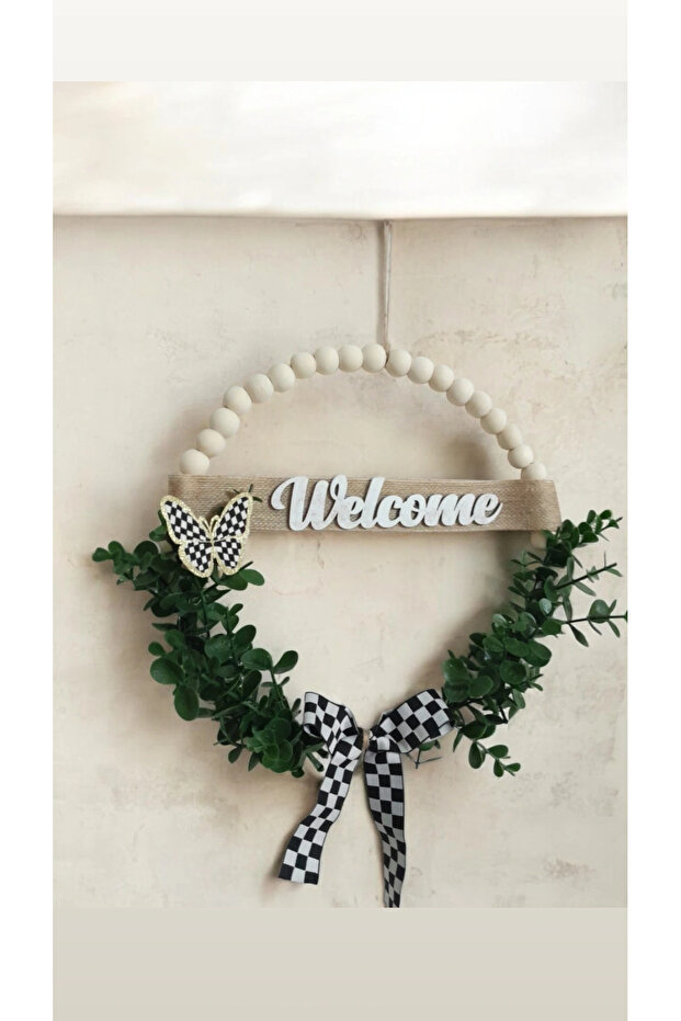 Welcome ahşap boncuklu kapı süsü okaliptus damalı kurdele kelebek modeli kapı süsü - 6