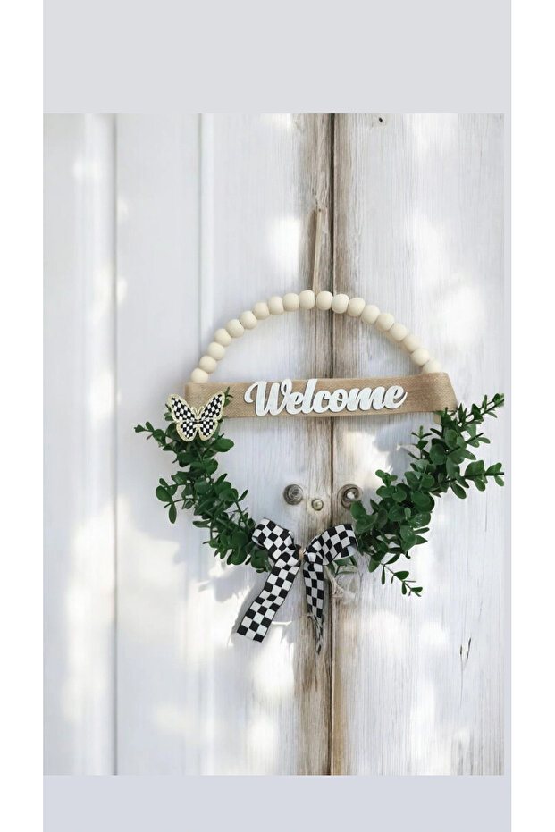 Welcome ahşap boncuklu kapı süsü okaliptus damalı kurdele kelebek modeli kapı süsü - 5