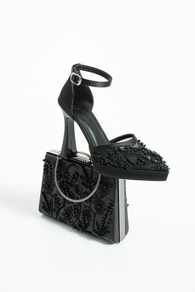 PEARLY Black Shoe and Bag Matching Platform 11cm Heeled Pearl-Strap Evening Shoe and Bag Set