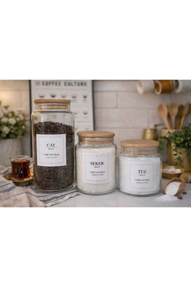 Durina 3-Piece Glass Jar Set 1300-800-650 ml with Wooden Beech Lid Vacuum Sealed for Tea – Sugar – Salt with Labels