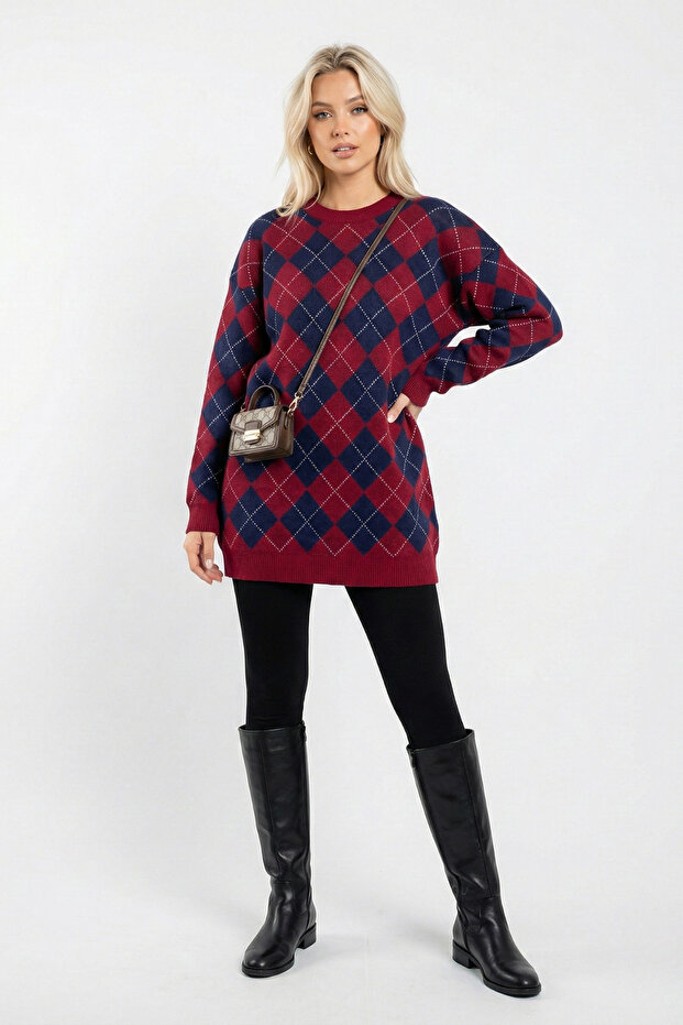 Women's Small Argyle Pattern Knitwear Tunic Sweater Crew Neck Long Sleeve Casual Sweater
