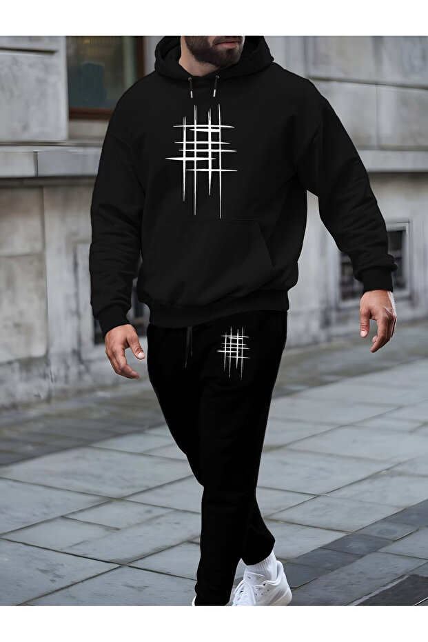 Special Printed Hooded Tracksuit Set - Hooded Sweatshirt Bottom Top Set