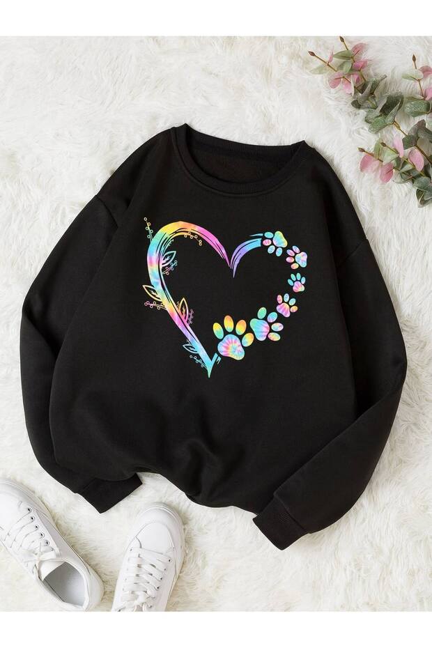 Rainbow Heart Printed Girls Winter Children's Sweatshirt Black