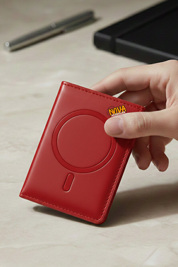 Magsafe Compatible Leather Card Holder Wallet - Premium Series - with Stand Feature and Card Compartment - Red
